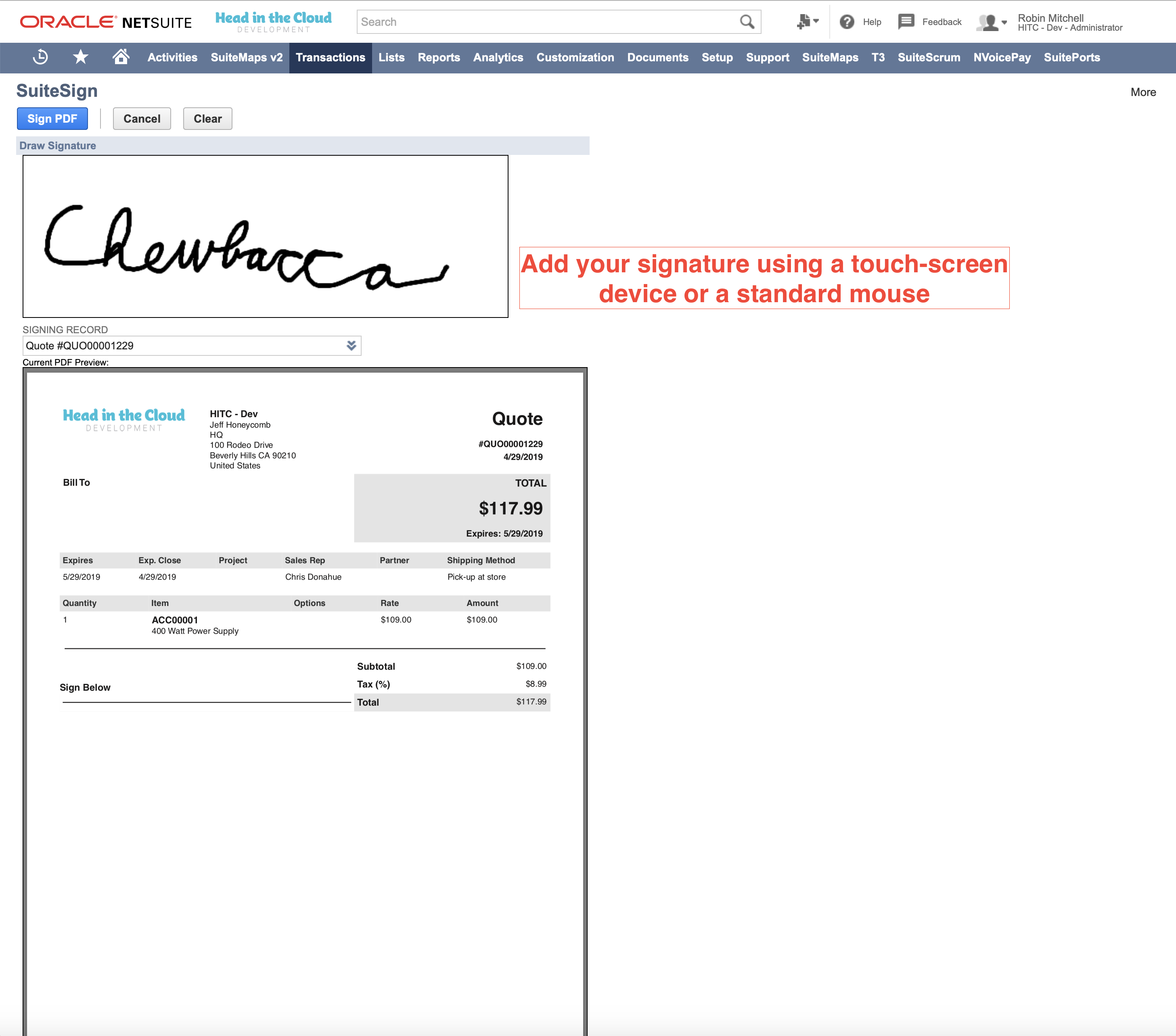 SuiteSign - sign transaction